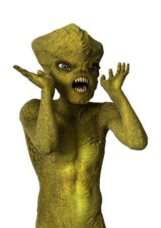 3D rendering of a green alien isolated on white background