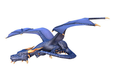 3D rendering of a blue fantasy dragon isolated on white backgroundの写真素材