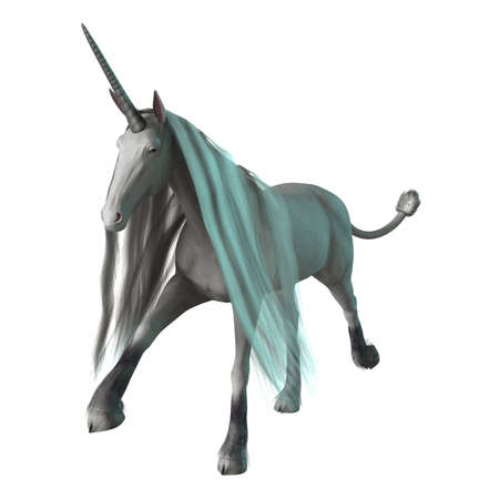 3D rendering of a white unicorn galloping isolated on white backgroundの写真素材