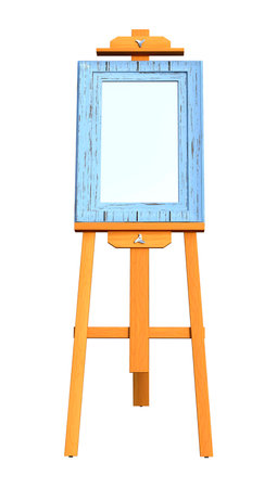 3D rendering of a blank art frame on a wooden easel isolated on white backgroundの写真素材