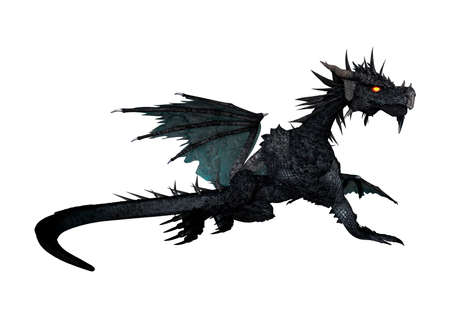 3D rendering of a black dragon isolated on white backgroundの写真素材