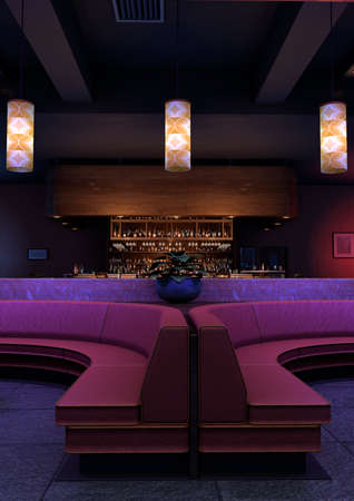 3D rendering of a luxury night lounge bar interior in a purple lightの写真素材