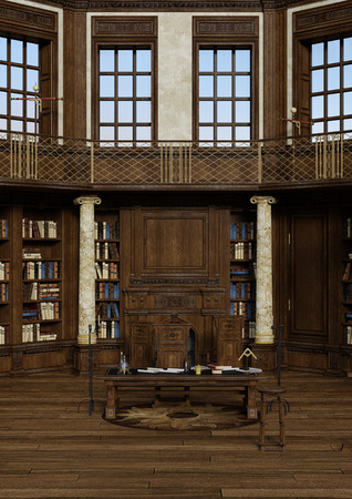 3D rendering of an antique library with lots of books and a tableの写真素材