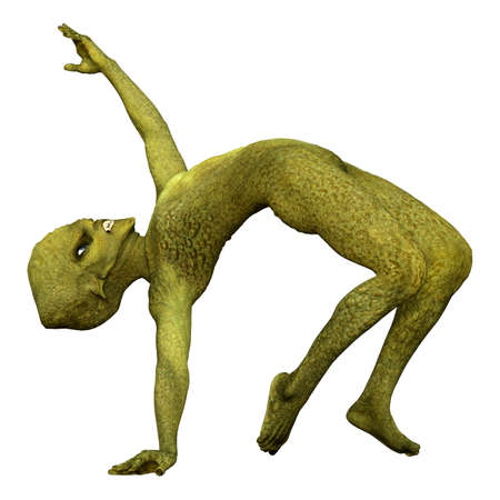 3D rendering of a green alien doing sport isolated on white background