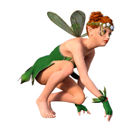 3D rendering of a green fairy isolated on white backgroundの写真素材