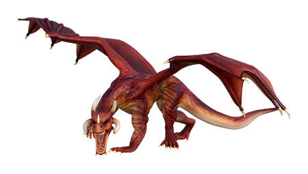 3D rendering of a red fantasy dragon isolated on white backgroundの写真素材