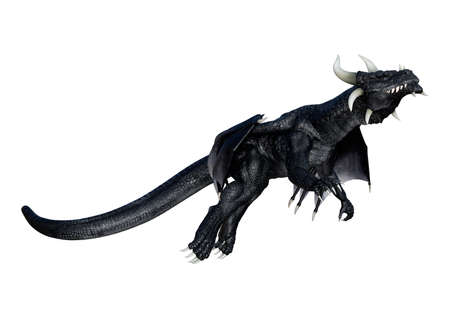 3D rendering of a black fantasy dragon isolated on white backgroundの写真素材