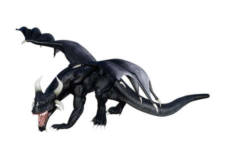 3D rendering of a black fantasy dragon isolated on white backgroundの写真素材