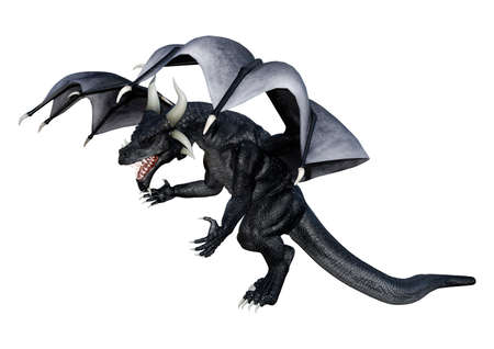 3D rendering of a black fantasy dragon isolated on white backgroundの写真素材