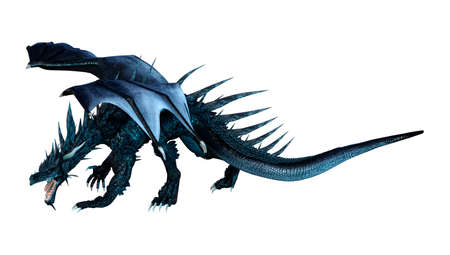 3D rendering of a fantasy black dragon isolated on white backgroundの写真素材