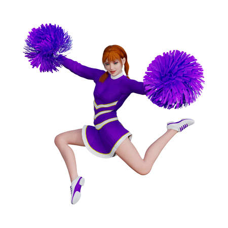 3D rendering of a young cheerleader with pompoms isolated on white backgroundの写真素材