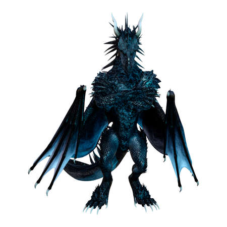 3D rendering of a fantasy black dragon isolated on white backgroundの写真素材