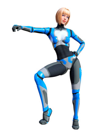 3D rendering of a female robot isolated on white backgroundの写真素材