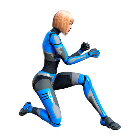 3D rendering of a female robot isolated on white backgroundの写真素材