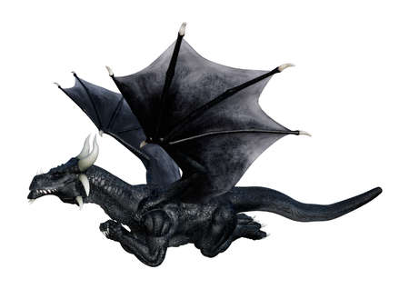 3D illustration of a fantasy black dragon isolated on white backgroundの写真素材