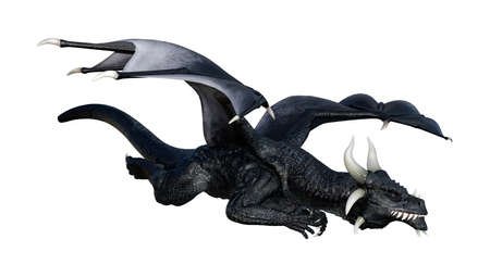 3D rendering of a fantasy black dragon isolated on white backgroundの写真素材