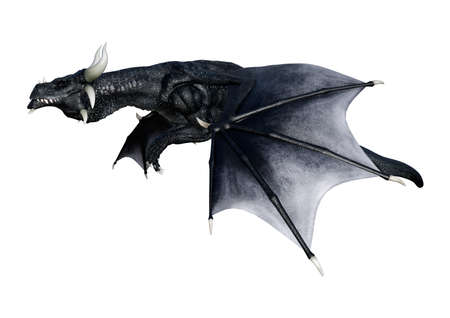 3D rendering of a fantasy black dragon isolated on white backgroundの写真素材