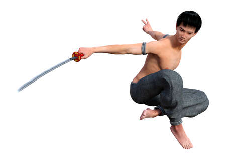 3D rendering of a fighting monk holding a sword isolated on white backgroundの写真素材