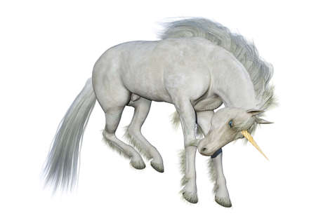 3D rendering of a fairy tale white unicorn isolated on white backgroundの写真素材
