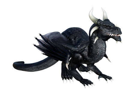3D rendering of a fantasy black dragon isolated on white backgroundの写真素材