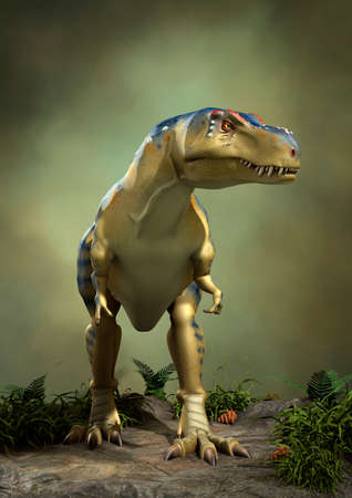 3D rendering of a dinosaur Tyrannosaurus on a green forest backgroundの写真素材