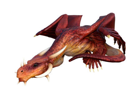 3D rendering of a red fairy tale dragon isolated on white backgroundの写真素材