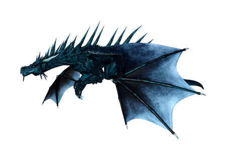 3D rendering of a black fairy tale dragon isolated on white backgroundの写真素材