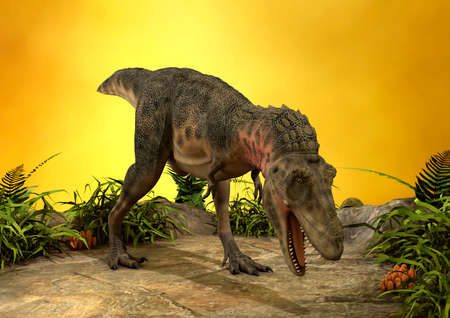 3D rendering of a dinosaur tarbosaurus on a yellow light background
