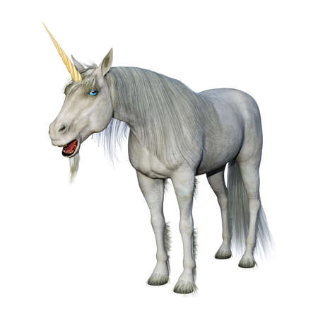 3D rendering of a fairy tale white unicorn isolated on white backgroundの写真素材