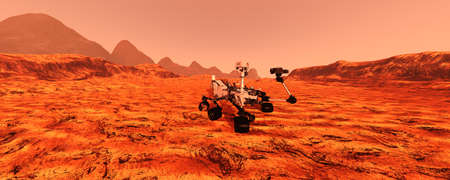 3D rendering of a Mars rover space vehicle on a red planet landscape background