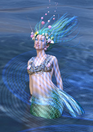 3D rendering of a fairy tale mermaid on blue ocean backgroundの写真素材