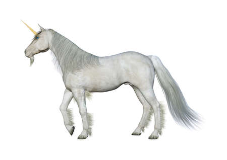 3D rendering of a fairy tale white unicorn isolated on white backgroundの写真素材