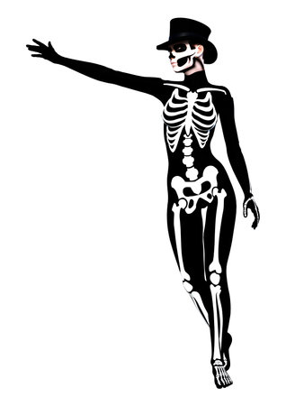 3D rendering of a young woman wearing a skeleton costume for Halloween party isolated on white backgroundの写真素材