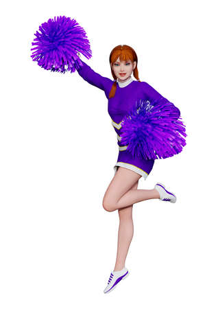 3D rendering of a young cheerleader with pompoms isolated on white background