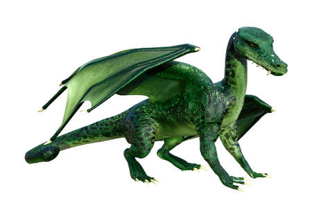 3D rendering of a green fairy tale dragon isolated on white backgroundの写真素材
