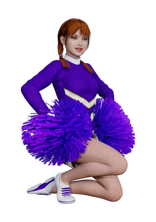 3D rendering of a young cheerleader with pompoms isolated on white backgroundの写真素材