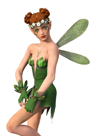 3D rendering of a spring fairy isolated on white backgroundの写真素材