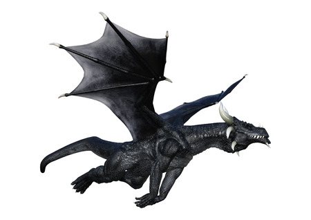3D rendering of a black fairy tale dragon isolated on white backgroundの写真素材