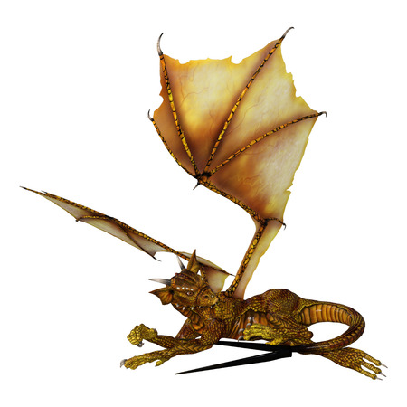 3D rendering of a golden fairy tale hatchling dragon isolated on white backgroundの写真素材