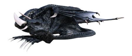 3D rendering of a black fairy tale dragon isolated on white backgroundの写真素材