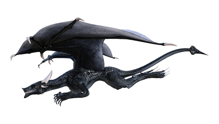 3D rendering of a black fairy tale dragon isolated on white backgroundの写真素材