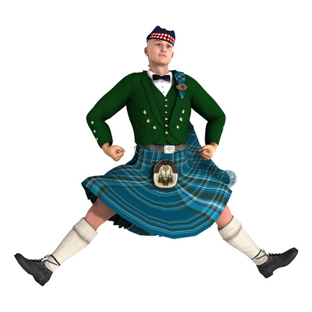 3D rendering of a highlander wearing a scottish kilt dancing isolated on white backgroundの写真素材