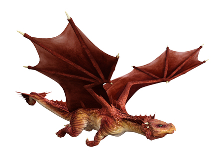 3D rendering of a red fairy tale dragon isolated on white backgroundの写真素材