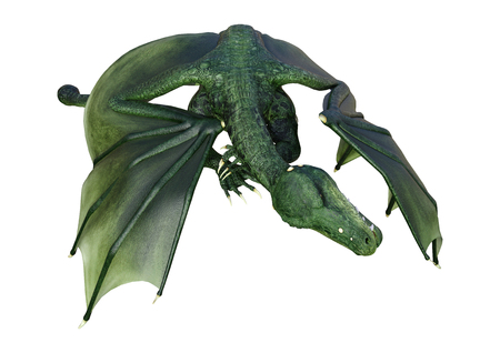 3D rendering of a green fantasy dragon isolated on white backgroundの写真素材