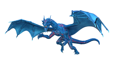 3D rendering of a blue fantasy dragon isolated on white backgroundの写真素材