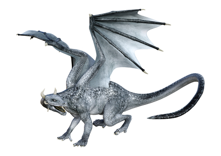 3D rendering of a blue fantasy dragon isolated on white backgroundの写真素材