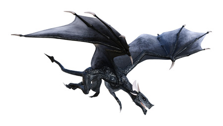 3D rendering of a black fantasy dragon isolated on white backgroundの写真素材