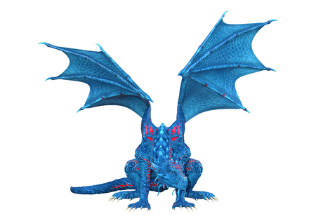 3D rendering of a blue fantasy dragon isolated on white backgroundの写真素材