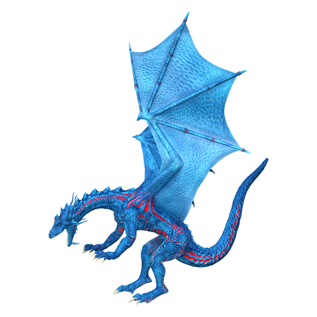 3D rendering of a blue fantasy dragon isolated on white backgroundの写真素材