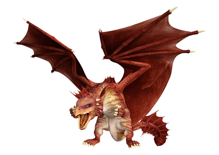 3D rendering of a red fantasy dragon isolated on white backgroundの写真素材